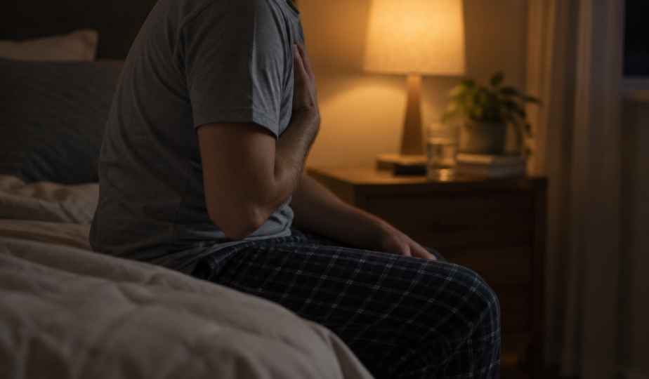 A man sits on the edge of a bed at night with one hand pressed to his chest, lit by a single bedside lamp.